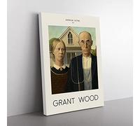 American Gothic By Grant Wood Exhibition Museum Painting Canvas Wall Art Print Ready to Hang, Framed Picture for Living Room Bedroom Home Office Décor, 50x35 cm (20x14 Inch)