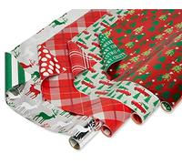 American Greetings Christmas Reversible Wrapping Paper Bundle, Stripes, Polka Dots, Plaid, Reindeer, Trucks and Trees (4 Rolls, 120 sq. ft)