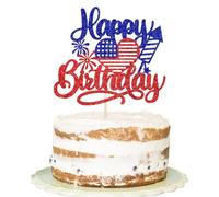 American Happy Birthday Cake Topper, Blue Red Glitter Independence Day Cake Topper, 4th of July Flag, Photo Booth Props for Patriotic Party/Boys and Girls, Independence Day