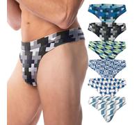 AMERICAN HEAVEN Men's 6 Pack Thong Underwear | T-Back Micro Fiber Stretch Workout Active Bikini Thongs, 6 Pack- Geometric, M