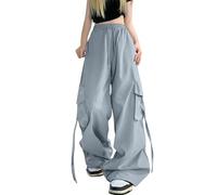 American Hot Girl Pants Women's Summer Versatile Loose Design Wide Leg Pants Hip Hop Streetwear Trousers Women Y2k Wide Leg Denim Jeans Pockets Stiching Grunge Star Jeans with Belt Blue