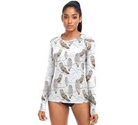 American Independence Day Celebration Womens Sun Shirts Uv Protection Long Sleeve Breathable Swim Shirts Surf Swimwear Top, Owls White Background, Large