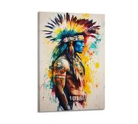 American Indian Ethnic Wall Art, Colorful Tribal Native Warrior Artwork, Modern Cultural Themed Indoor Decoration Hanging Paintings Poster 12x18inch(30x45cm)