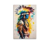 American Indian Ethnic Wall Art, Colorful Tribal Native Warrior Artwork, Modern Cultural Themed Indoor Decoration Hanging Paintings Poster 08x12inch(20x30cm)