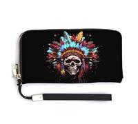 American Indian Skull Chief Womens Wristlet Wallet Leather Long Purse Card Holder Clutch Handbag