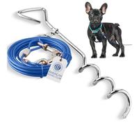 American Kennel Club Dog Tie Out with Stake 15 Feet, 2 Pack 4mm Heavy Duty Vinyl Coated Dog Lead Up to 90 lbs, Tangle-Free Runner, Rust-Free, Quick Release Swivel Clips, 360° Rotating Clasp, Blue