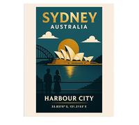 AMERICAN LUXURY GIFTS Retro Sydney travel poster - Opera House & Harbour Bridge at sunset. (11x14, Unframed)