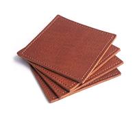 American Made Leather Coasters - Premium Full Grain Leather, Double Layered Square Rustic Brown Coaster Set, 4”x4” - Handmade in The USA - Set of 4