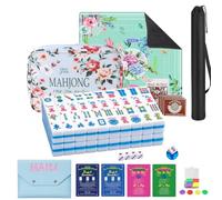 American Mahjong Tile Set, 166 Blue Tiles, Mahjong Tile Set with Carrying Bag, Dice, Mahjong Mat, Mini Tiles, Shuffler Cards, Portable Travel Complete Game Set for Home Outdoor, Gift for Enthusiasts