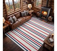 American Minimalist Living Room Rugs, Thin Vertical Stripes Geometric | Machine Printed Carpet Non Slip Soft, for Living Room Bedroom Dining Room Office Low Pile 160 x 230 cm Red White Blue