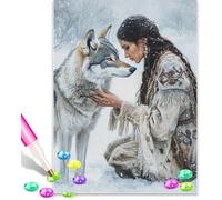 American Native Indian Woman and Wolf 5D Diamond Art Kits Adults 12x16 Inch Diamond Art Kit for Beginners, DIY Full Drill Diamond Painting Gem Art and Crafts, for Gift Home Wall Decor 10233