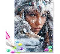 American Native Indian Woman and Wolf 5D Diamond Art Kits Adults 12x16 Inch Diamond Art Kit for Beginners, DIY Full Drill Diamond Painting Gem Art and Crafts, for Gift Home Wall Decor 10232