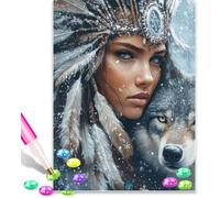 American Native Indian Woman and Wolf 5D Diamond Art Kits Adults 12x16 Inch Diamond Art Kit for Beginners, DIY Full Drill Diamond Painting Gem Art and Crafts, for Gift Home Wall Decor 10231