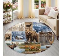 American Nature Round Area Rug 60 cm, Brown Non Slip Carpet for Living Room | Bears Deer Foxes Snowy Mountains Circle Rug for Bedroom, Washable Low Pile Carpet for Nursery Dining Room Thanksgiving Decor