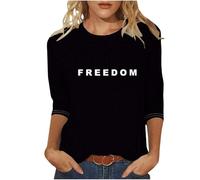 American Outfit Freedom T Shirt for Women Casual 3/4 Sleeve Crewneck American Shirt Letter Print Graphic Color Block Funny Freedom Tshirt Black S