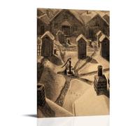 American Regionalism Poster - Grant Wood's Village Slums Snowy Courtyard with Outbuildings And Water Pump Artwork Canvas Art And Wall Art Picture Print Modern Family Bedroom Decors Frame 08x12inch(20x