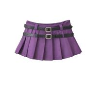 American Retro College Style Ultra-Low-Waist Pleated Skirt hot Girl Double-Belt Pleated Anti-Exposure A-line Miniskirt-Purple-S
