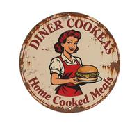 American Retro Diner Waitress Burger Round Decor Sign Vintage Aluminium Metal Sign, Retro Wall Decor for Home, Bar, Garage & Farmhouse 20x20cm
