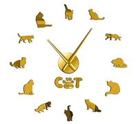 American Shorthair Cat DIY Wall Clock Mirror Effect Cat Clock Kits Numbers With Big Needle Wall Decor Clock(Gold,27inch)