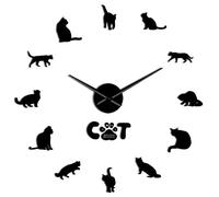 American Shorthair Cat DIY Wall Clock Mirror Effect Cat Clock Kits Numbers With Big Needle Wall Decor Clock(Black,47inch)