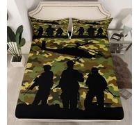American Soldier Fitted Sheet Double Size, Cartoon Aircraft Bed Cover with 2 Pillowcases, Army Green Camouflage Bedding Set 3pcs for Kids Boys Room Decor, Soft Polyester Bedding
