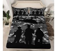 American Soldier Fitted Sheet Double Size, Cartoon Aircraft Bedding Set 3pcs for Kids Boys Room Decor, Army Grey Camouflage Bed Cover with 2 Pillowcases, Soft Polyester Bedding
