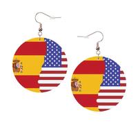 American Spain Flag Round Leather Earrings KC Gold, Double-Side Printed Drop Dangle Jewelry for Women, for Festival Party Gift