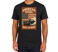 American Steel Built to Roar T-Shirt Muscle Car Burnout USA Flag Vintage Tee (UK, Alpha, S, Regular, Regular, Black)