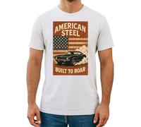 American Steel Built to Roar T-Shirt Muscle Car Burnout USA Flag Vintage Tee (UK, Alpha, XL, Regular, Regular, White)