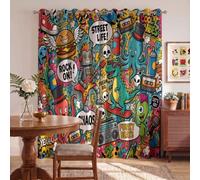American Street Graffiti Blackout Curtains For Bedroom, 66X72 Inch | Fun Dinosaurs And Robots Thermal Insulated Room Darkening Eyelet Privacy Window Drapes For Living Room, 2 Panels, Dark Cyan