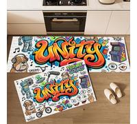 American Street Graffiti Kitchen Mat Sets Non-slip Durable Rug, Robot Bicycle 2 Pieces Washable Mats runner rugs Orange-Red For Kitchen Bedroom - 43x75cm+43x150cm