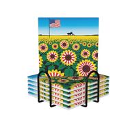 American-Sunflower US-Flag Stripes Coasters for Drinks,Absorbent Ceramic Coasters Set of 6 with Cork Base,Funny Cup Beverage Coaster with Holder Drink Coaster Cup Mat Pad for Tabletop Protection