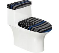 American Thin Blue Line Flag 2-Piece Toilet Seat & Tank Lid Cover Set - Elastic Stretch Design - Universal Fit for U-Shape-O-Shape-Elongated Toilets - Functional Bathroom Decor & Housewarming Gift