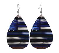 American Thin Blue Line Flag Printed Water Drop Earrings, Lightweight Leather Teardrop Dangle for Date and Party