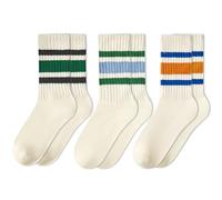 American Trends Retro Striped Crew Socks for Women Slouchy Athletic Calf Tube Socks Running Golf Tennis Volleyball Etc, 3pack Black-green&blue-green&blue-orange, One size