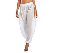 American Trends Sheer Beach Coverup Pants Mesh Pants for Women High Slit See Through Harem Pants, Side Split White, L