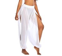 American Trends Sheer Beach Mesh Swimsuit Cover Up Harem Pants for Women High Slit See Through, Side Split White, S