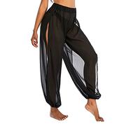 American Trends Sheer Beach Pants Mesh Swimsuit Cover Up Pants for Women High Slit See Through Harem Pants, Mesh Black, M