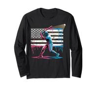 American USA Flag Baseball 101 Ice Cream Baseball Drip Long Sleeve T-Shirt