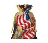 American USA Flag Eagle Art Printed Christmas Drawstring Bags with Yellow Christmas Ribbon - Reusable Burlap Drawstring Gift Pouches, S