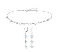 American USA Patriotic Celestial Rock Star Super Stars Thin Collarbone Choker Necklace & Linear Drop Dangle Earrings Jewelry Set For Women .925 Sterling Silver