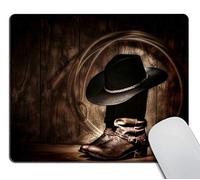 American West Cowboy Mouse pad, Traditional Black Felt hat Resting ATOP Worn Leather Working Rancher Roper Boots11.8 x9.8