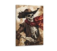 American West Gothic Skull Canvas Wall Art, Vintage Cowboy Skeleton Spooky Artwork Hanging Paintings Poster, Halloween Themed Home Decor for Living Room Bedroom Walls 16x24inch(40x60cm)