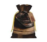 American West Rodeo Hat print Large Christmas bag, reusable drawstring linen packet, Birthday Parties Supplies