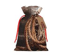 American West Rodeo Hat Printed Christmas Drawstring Bags with Red Christmas Ribbon - Reusable Burlap Drawstring Gift Pouches, S