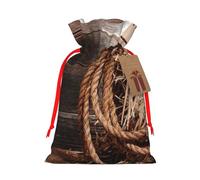 American West Rodeo Hat Printed Christmas Drawstring Bags with Red Ribbon - Reusable Burlap Drawstring Gift Pouches, S