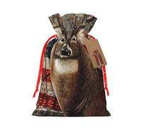 (Americana Flag Deer) Burlap Gift Bags With Drawstring, M Size Holiday Present Goody Bags For Xmas Party