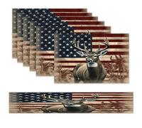 Americana Flag Deer Placemats Set of 7 Exquisite Linen Table Mat Seven Piece Set Includes 13"x71" Fashion Table Runner and 12"x18" Place Mat Decor for Kitchen Dining Room