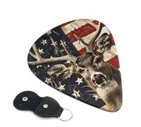 Americana Flag Deer Printed Guitar Picks, 6 Pack with Leather Keychain Pick Holder - 0.46mm, 0.71mm, 0.96mm Assorted Thickness for Acoustic Ukulele, Electric Guitar, Acoustic Guitar, Bass