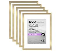 Americanflat 12x16 Picture Frame With Polished Plexiglass - Set of 5 - Use as 8.5x11 With Mat or 12x16 Without Mat - Galleria Collection - Gallery Wall Set for Wall Display - Gold